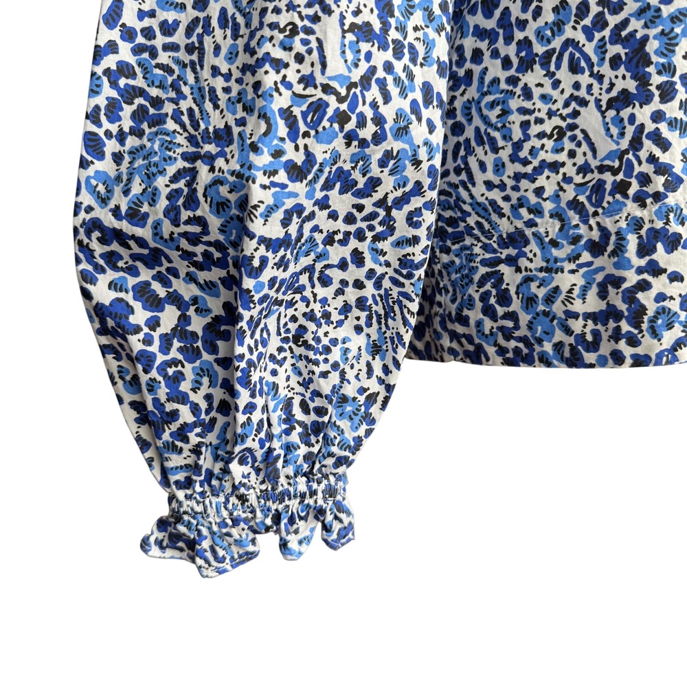 Lilly Pulitzer "Coulter" Tunic Sz L Blue Leopard Print V Neck Ruffle Cuffs - Picture 8 of 16